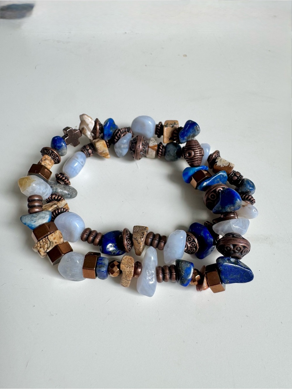 Handcrafted Blue Lace Agate, Lapis Lapis, Picture Jasper Double Wrap Bracelet